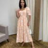 Vestido Midi sem Bojo Manga Princesa Salmão Estampado - Fernanda Ramos Store