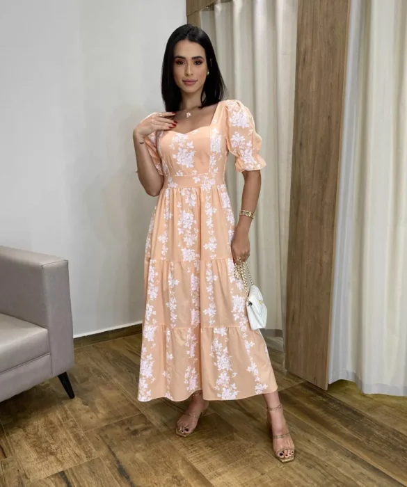 Vestido Midi sem Bojo Manga Princesa Salmão Estampado - Fernanda Ramos Store