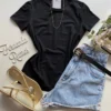 Blusa Alice Feminina Baby Look Malwee Preta Gola U - Fernanda Ramos Store