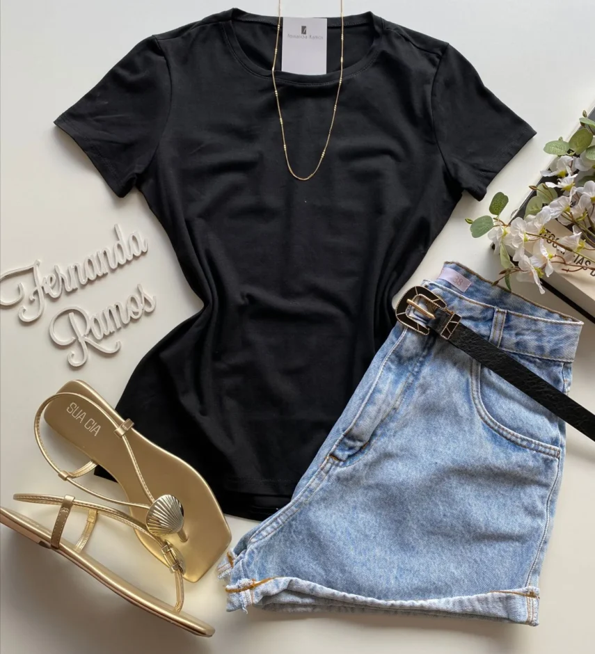 Blusa Alice Feminina Baby Look Malwee Preta Gola U - Fernanda Ramos Store