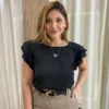 Blusa Feminina Crepe com Babado nas Mangas Preto - Fernanda Ramos Store