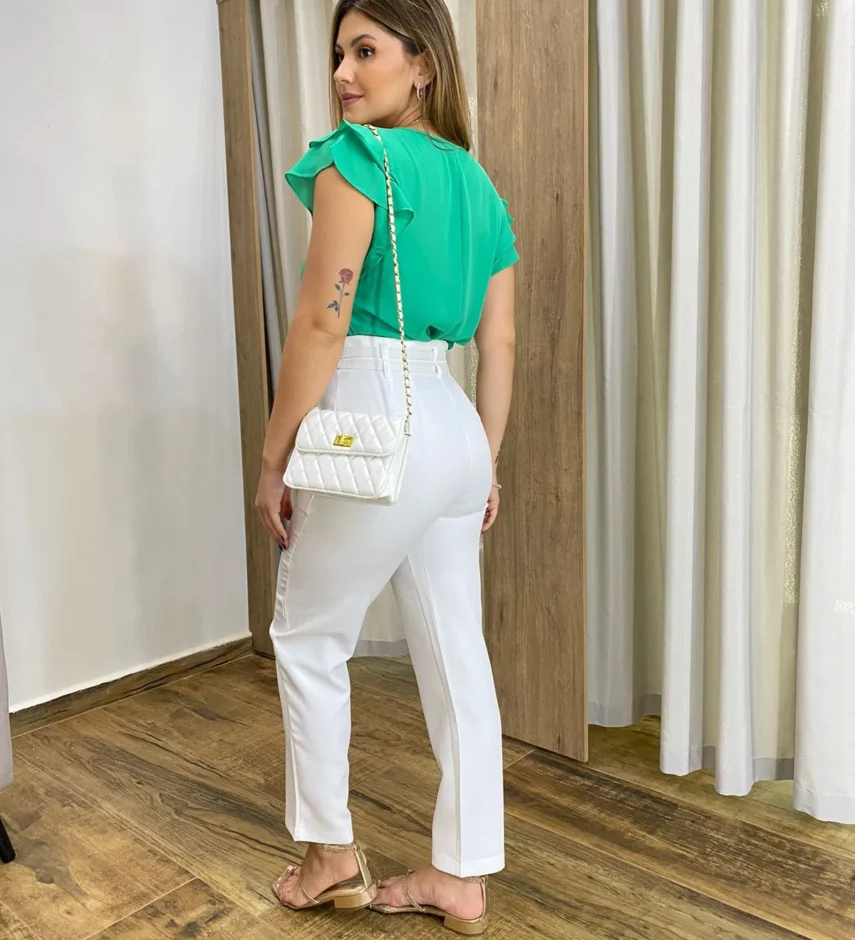 Blusa Feminina Crepe com Babado nas Mangas Verde - Fernanda Ramos Store