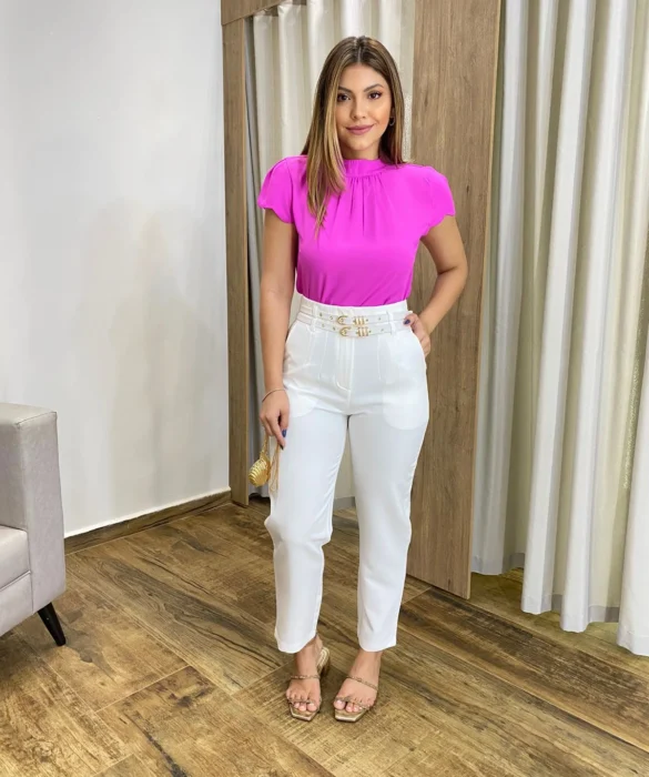 Blusa Feminina Crepe Fúcsia com Detalhe nas Mangas - Fernanda Ramos Store