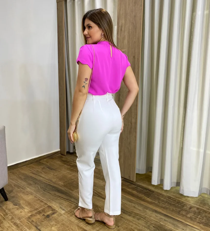Blusa Feminina Crepe Fúcsia com Detalhe nas Mangas - Fernanda Ramos Store