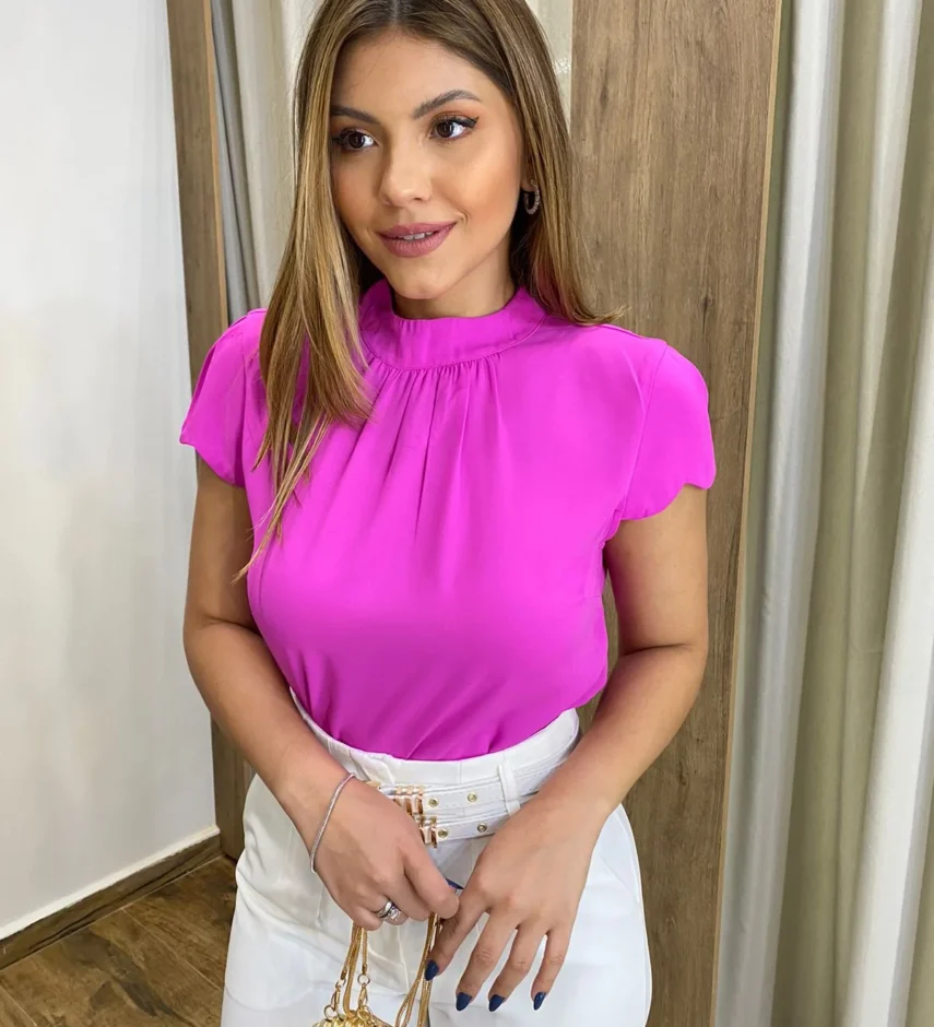 Blusa Feminina Crepe Fúcsia com Detalhe nas Mangas - Fernanda Ramos Store