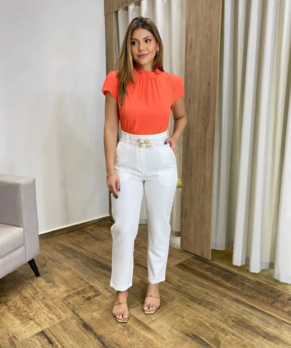 Blusa Feminina Crepe Laranja com Detalhe nas Mangas - Fernanda Ramos Store