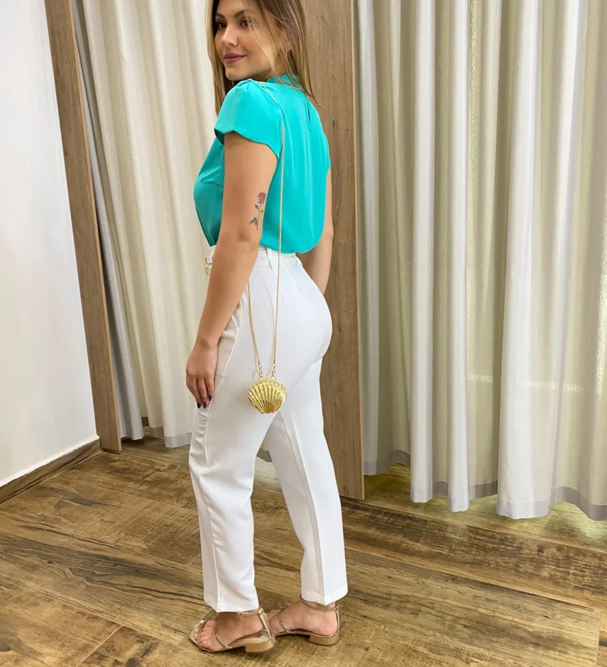 Blusa Feminina Crepe Verde Água com Detalhe nas Mangas - Fernanda Ramos Store