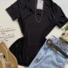 Blusa Helena Feminina Baby Look Canelada Malwee Preta - Fernanda Ramos Store