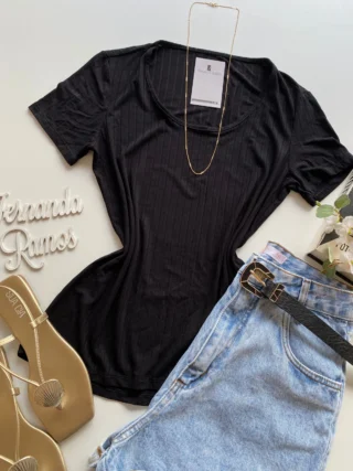 Blusa Helena Feminina Baby Look Canelada Malwee Preta - Fernanda Ramos Store