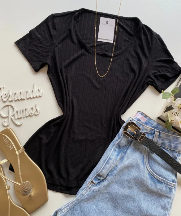 Blusa Helena Feminina Baby Look Canelada Malwee Preta - Fernanda Ramos Store