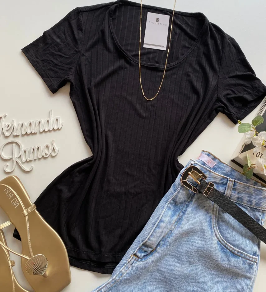 Blusa Helena Feminina Baby Look Canelada Malwee Preta - Fernanda Ramos Store