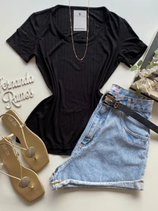 Blusa Helena Feminina Baby Look Canelada Malwee Preta - Fernanda Ramos Store