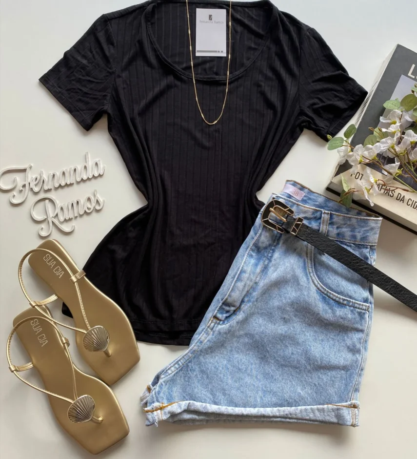 Blusa Helena Feminina Baby Look Canelada Malwee Preta - Fernanda Ramos Store