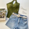 Body Feminino com Bojo Nula Manga Verde Militar - Fernanda Ramos Store