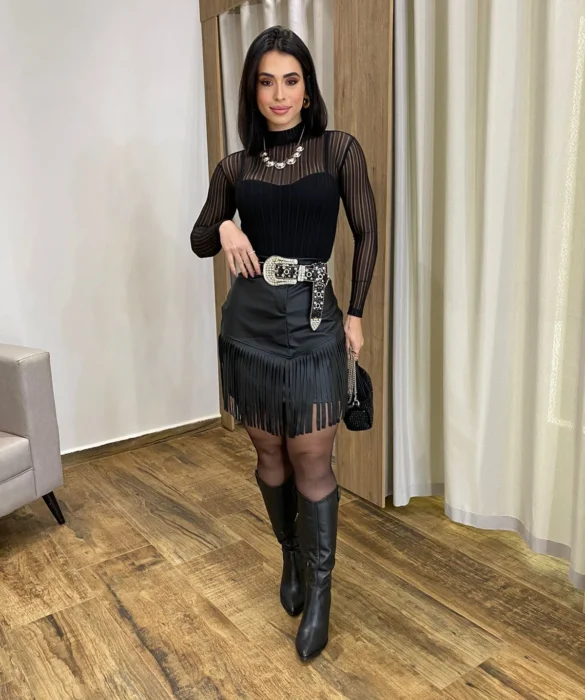 Body Feminino Tule sem Bojo com Transparência Manga Longa Preto - Fernanda Ramos Store