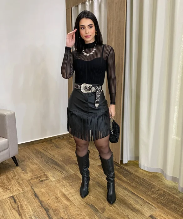 Body Feminino Tule sem Bojo com Transparência Manga Longa Preto - Fernanda Ramos Store