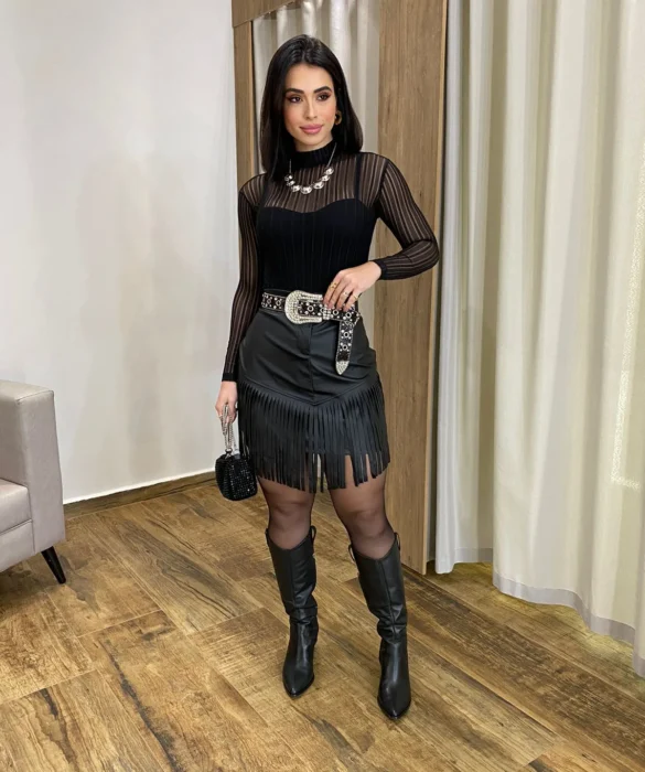 Body Feminino Tule sem Bojo com Transparência Manga Longa Preto - Fernanda Ramos Store