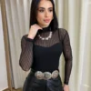 Body Feminino Tule sem Bojo com Transparência Manga Longa Preto - Fernanda Ramos Store