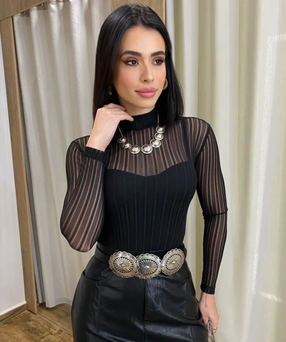 Body Feminino Tule sem Bojo com Transparência Manga Longa Preto - Fernanda Ramos Store