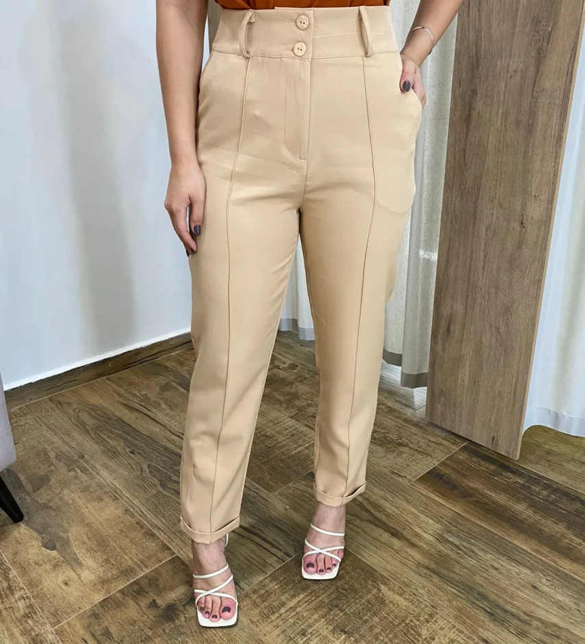 Calça Ana Alfaiataria Feminina com 2 Botões Bege - Fernanda Ramos Store