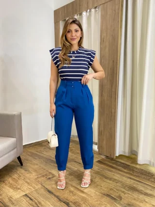 Calça Cenoura Alfaiataria Feminina com 2 Botões Azul - Fernanda Ramos Store