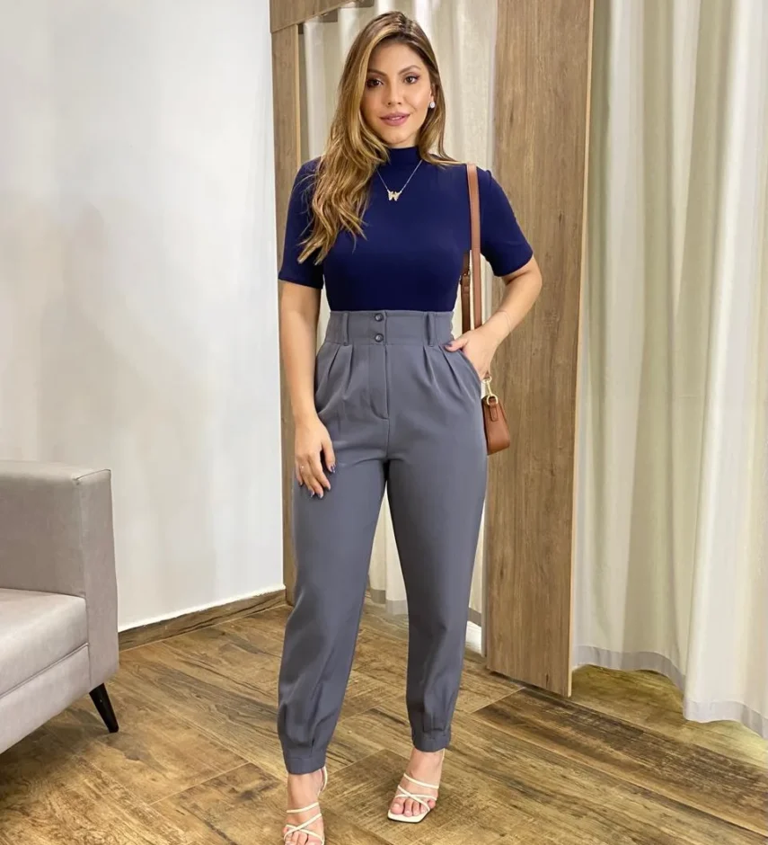 Calça Cenoura Alfaiataria Feminina com 2 Botões Cinza - Fernanda Ramos Store
