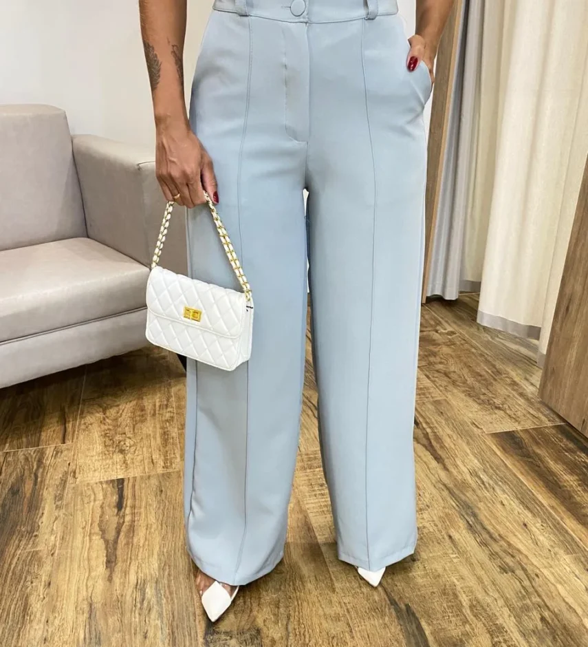 Calça Feminina Alfaiataria Pantalona com 2 Botões Cinza - Fernanda Ramos Store