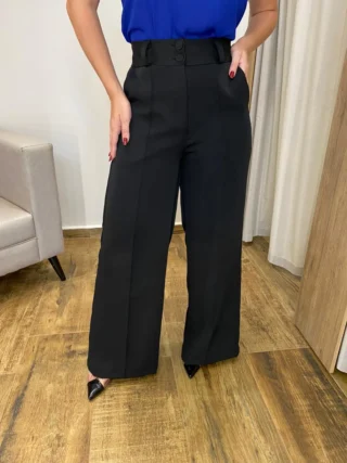 Calça Feminina Alfaiataria Pantalona com 2 Botões Preta - Fernanda Ramos Store