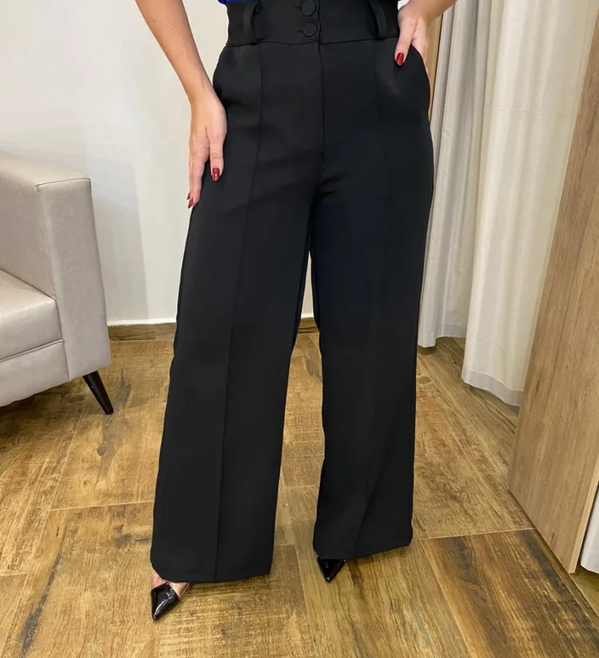 Calça Feminina Alfaiataria Pantalona com 2 Botões Preta - Fernanda Ramos Store