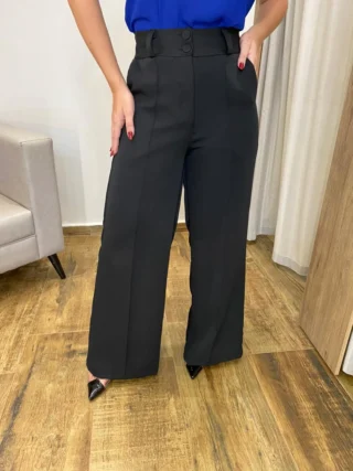 Calça Feminina Alfaiataria Pantalona com 2 Botões Preta - Fernanda Ramos Store