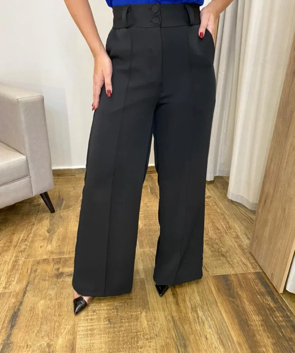 Calça Feminina Alfaiataria Pantalona com 2 Botões Preta - Fernanda Ramos Store