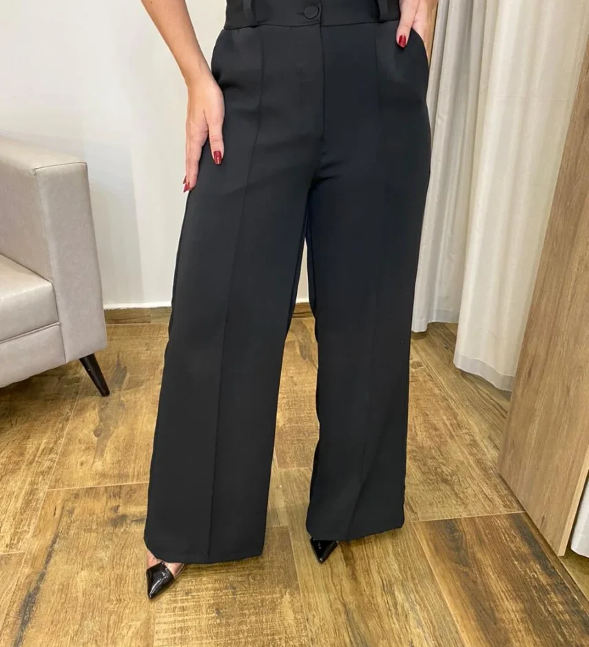 Calça Feminina Alfaiataria Pantalona com 2 Botões Preta - Fernanda Ramos Store