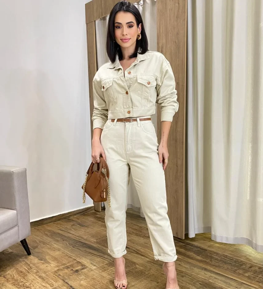 Calça Feminina Mom Sarja com Cinto Creme - Fernanda Ramos Store