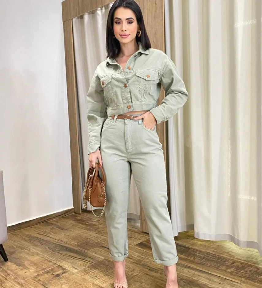 Calça Feminina Mom Sarja com Cinto Verde Menta - Fernanda Ramos Store