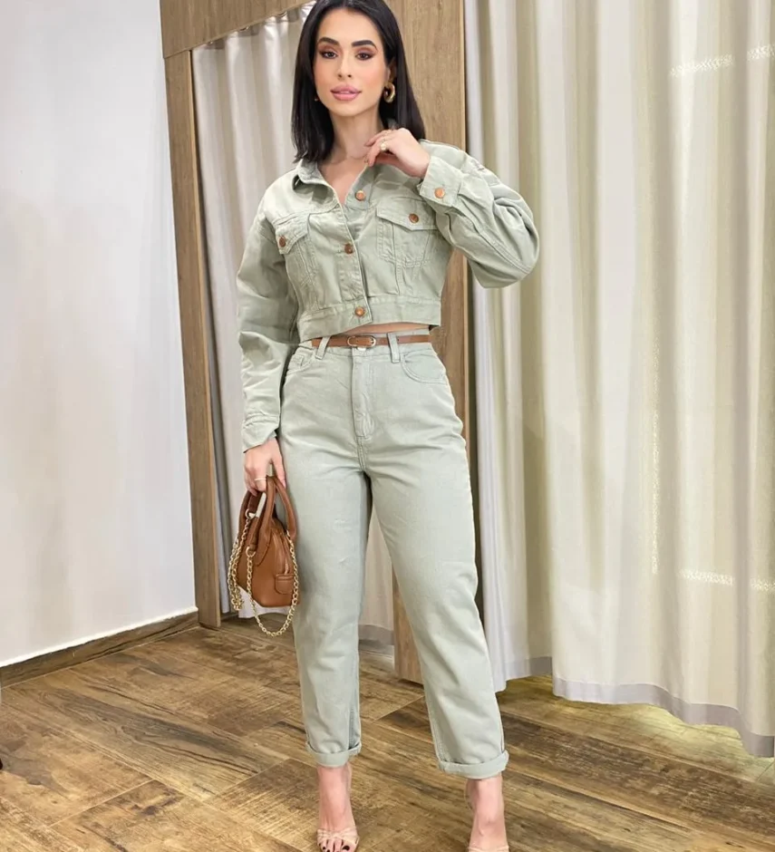 Calça Feminina Mom Sarja com Cinto Verde Menta - Fernanda Ramos Store