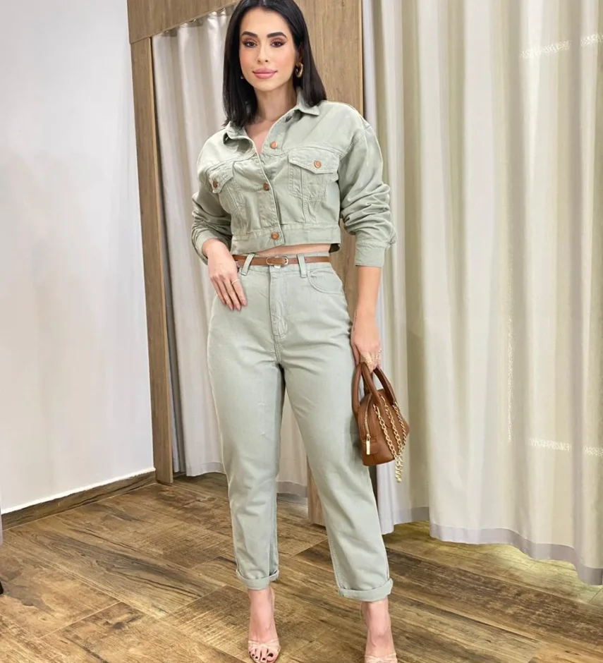 Calça Feminina Mom Sarja com Cinto Verde Menta - Fernanda Ramos Store
