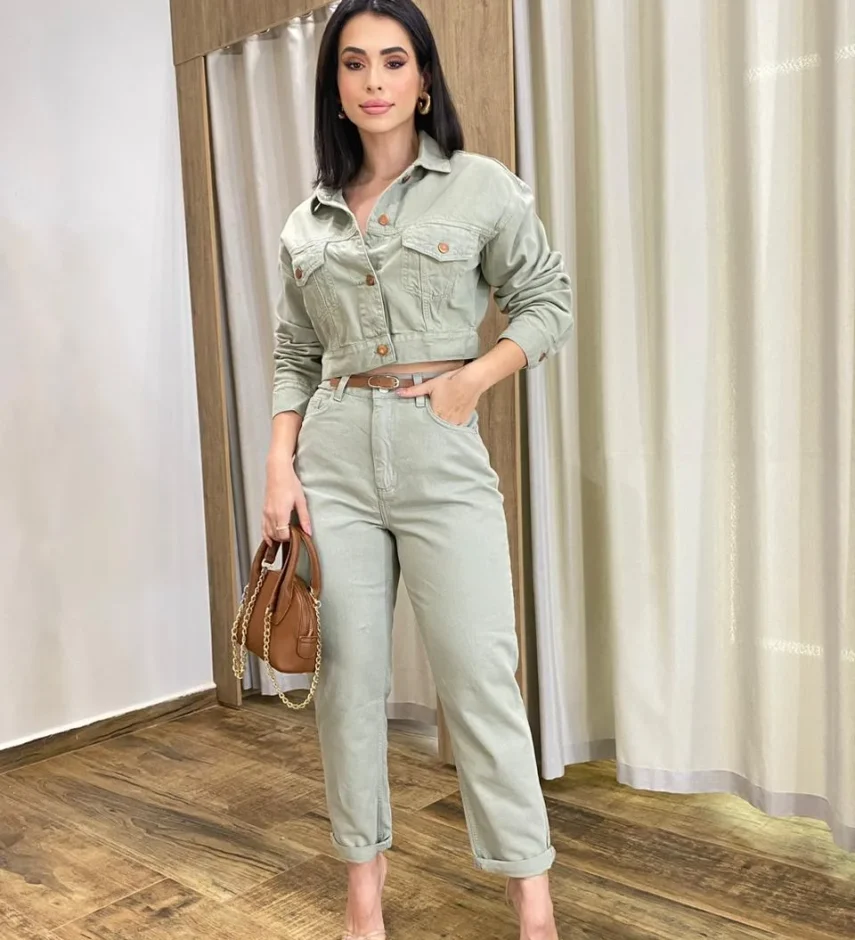 Calça Feminina Mom Sarja com Cinto Verde Menta - Fernanda Ramos Store