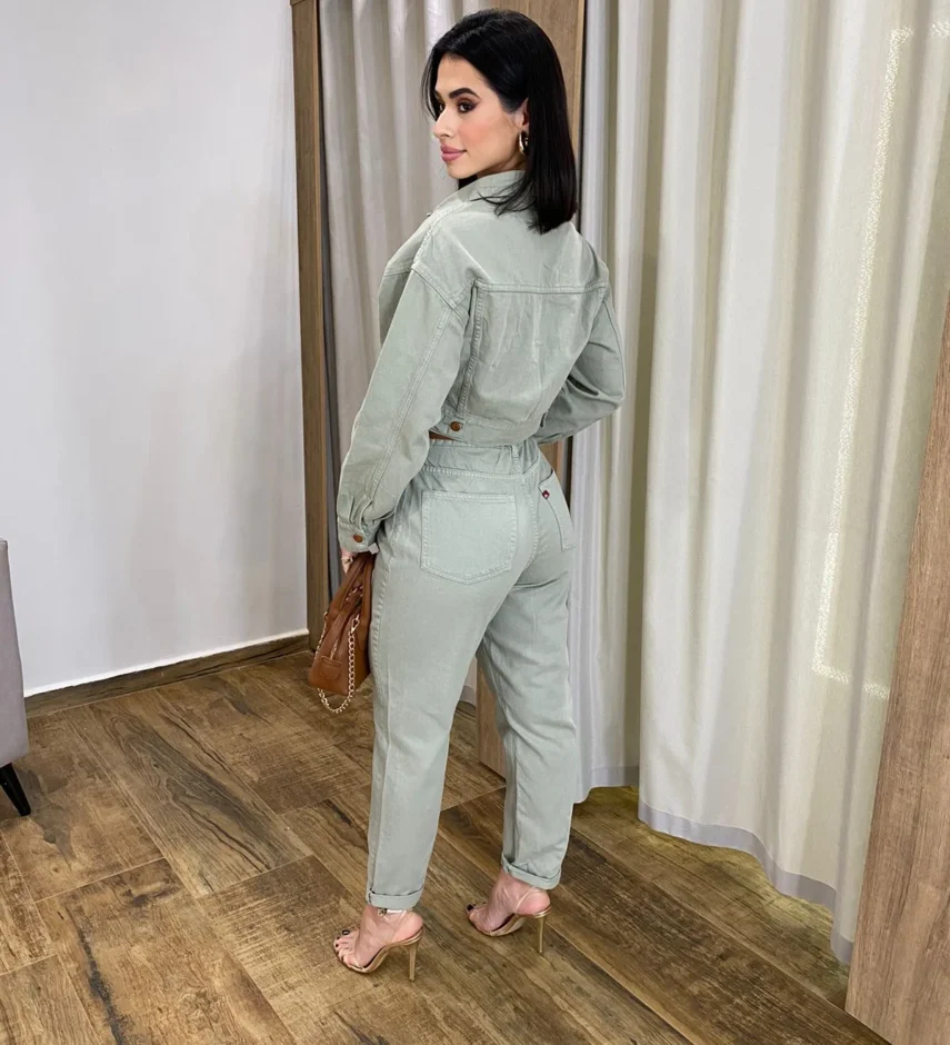 Calça Feminina Mom Sarja com Cinto Verde Menta - Fernanda Ramos Store