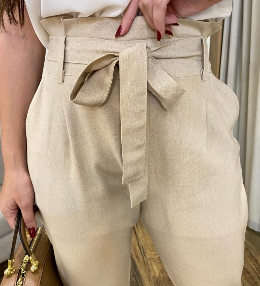 Calça Feminina Viscolinho com Amarração Bege - Fernanda Ramos Store