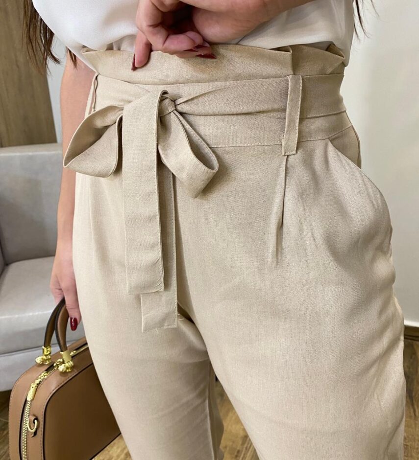 Calça Feminina Viscolinho com Amarração Bege - Fernanda Ramos Store