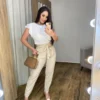 Calça Feminina Viscolinho com Amarração Bege - Fernanda Ramos Store