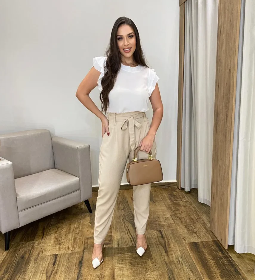Calça Feminina Viscolinho com Amarração Bege - Fernanda Ramos Store
