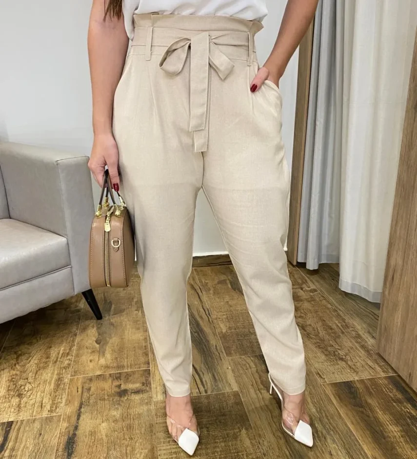 Calça Feminina Viscolinho com Amarração Bege - Fernanda Ramos Store