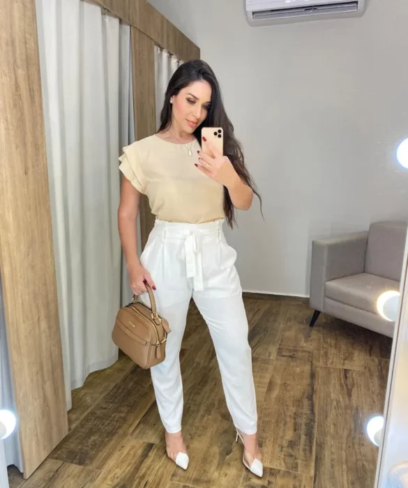 Calça Feminina Viscolinho com Amarração Off White - Fernanda Ramos Store