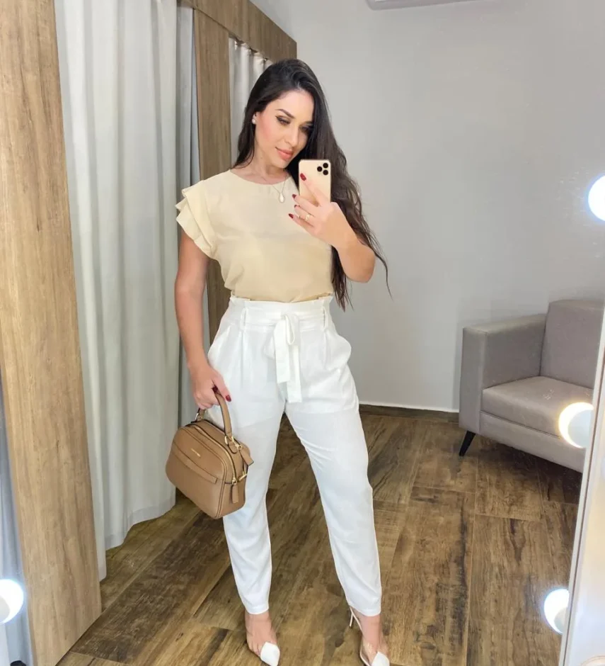 Calça Feminina Viscolinho com Amarração Off White - Fernanda Ramos Store