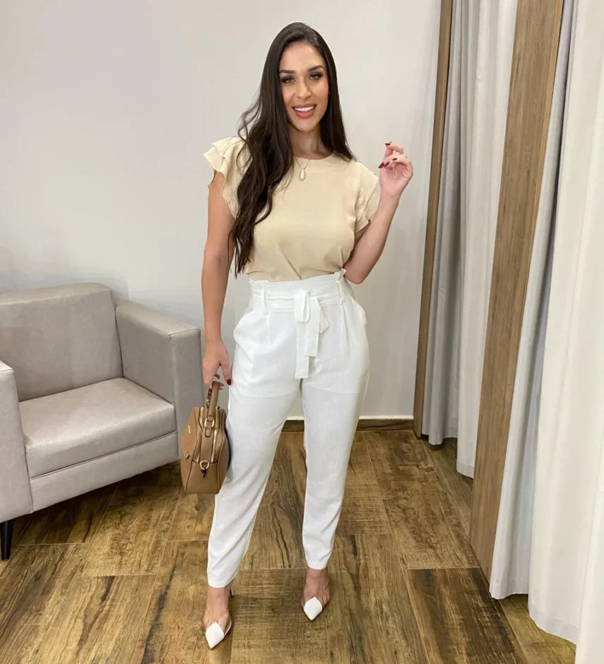 Calça Feminina Viscolinho com Amarração Off White - Fernanda Ramos Store