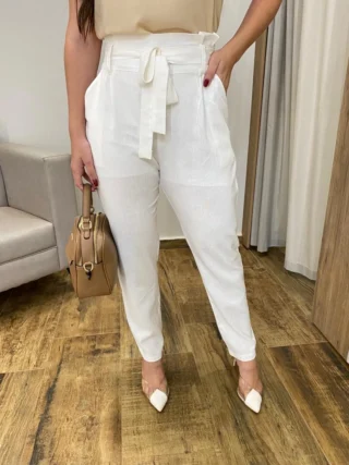 Calça Feminina Viscolinho com Amarração Off White - Fernanda Ramos Store