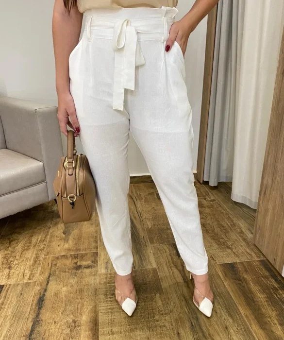 Calça Feminina Viscolinho com Amarração Off White - Fernanda Ramos Store