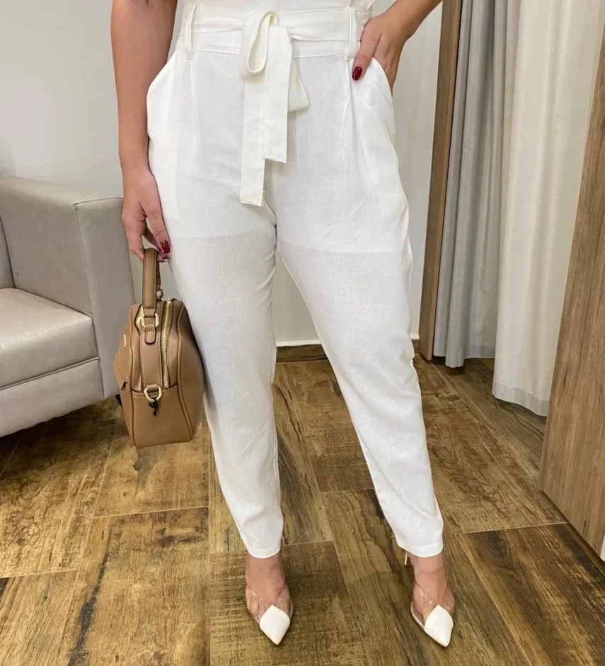 Calça Feminina Viscolinho com Amarração Off White - Fernanda Ramos Store