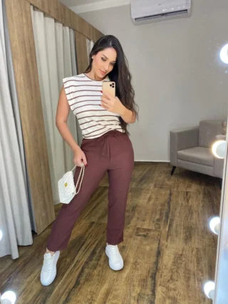 Calça Feminina Viscose com Bolsos e Elástico na Cintura Marrom - Fernanda Ramos Store